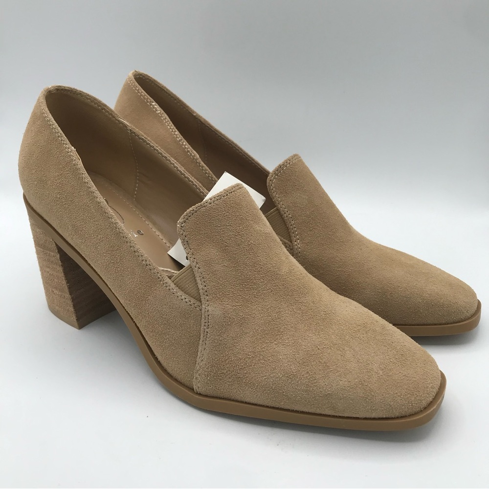 NWT JOIE Wevenly Suede Leather Chunky Block Heel Shoes Tan Sz 9 Slip On Loafers